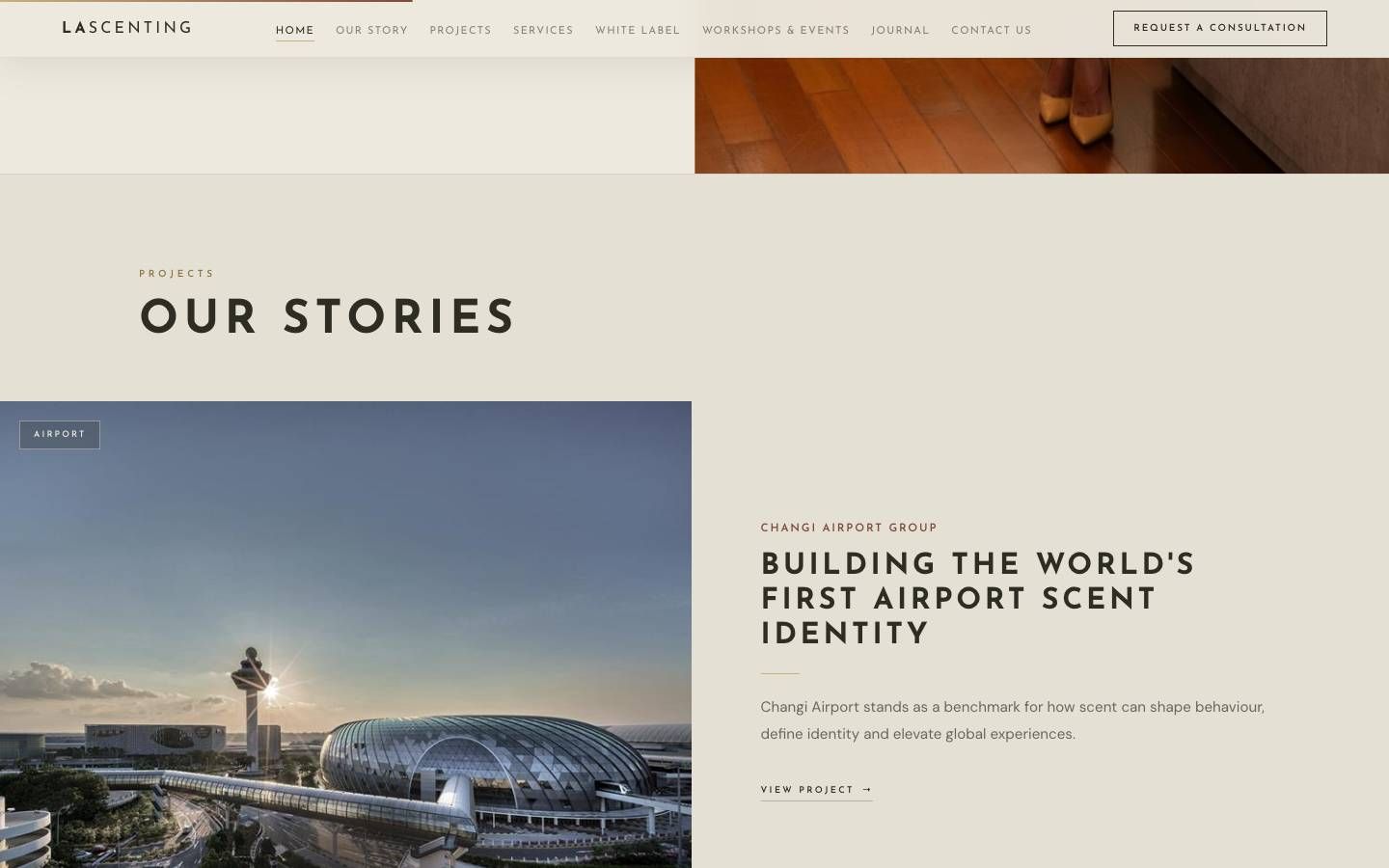 The Our Stories section featuring an airport project